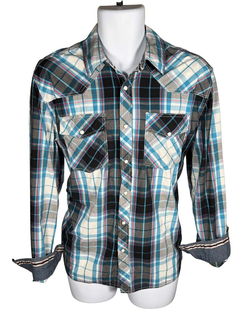 Venzulia Men's Medium Western Plaid Pearl Snap Shirt